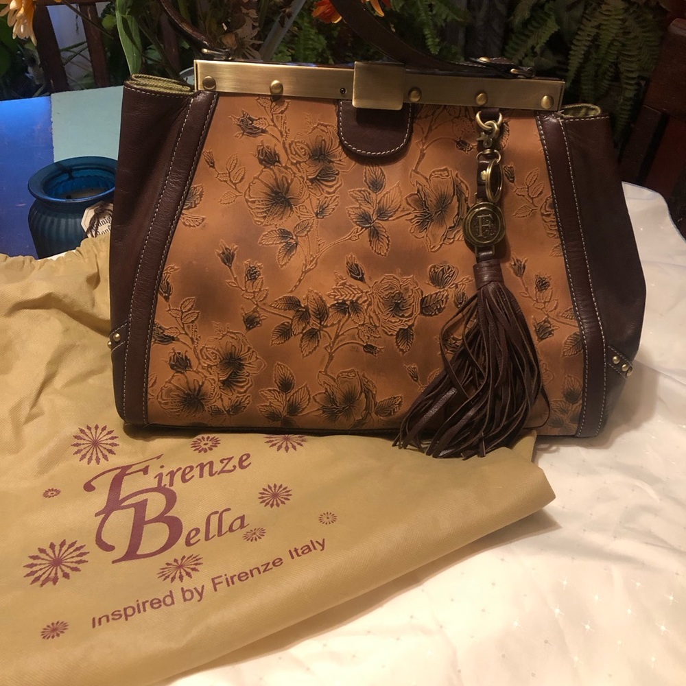 Firenze Bella Leather Chestnut Brown Floral Embossed Bag